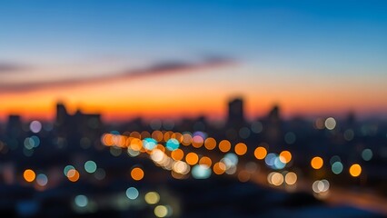 City skyline at dusk with blurred lights