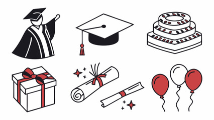 Happy Graduation Celebration Line Icons Set Diploma Certificate Mortarboard Cap and Gift Box for Academic Success and University Marketing