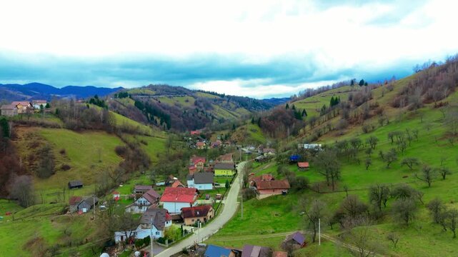 Aerial View of Moeciu de Jos Village in the Carpathian Mountains, Romania