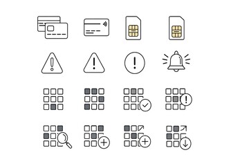 Credit card,Sim card, alert,data grid, icon set.Editable line icons. on white vector illustration.