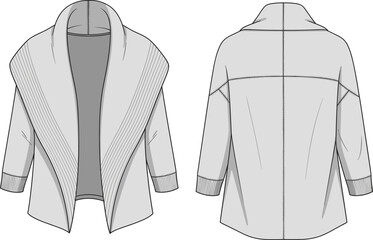 Technical cardigan vector illustration, fashion flat sketch, open-front shawl collar design, front and back views, garment template, apparel construction, clothing blueprint
