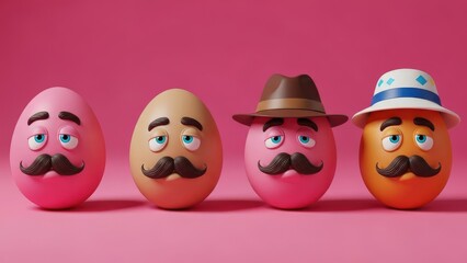 Four anthropomorphic potatoes with mustaches and hats on a pink background