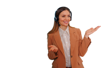 Woman wearing headset providing customer support, smiling operator offering assistance and guidance, transparent background