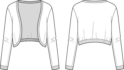 Technical cropped cardigan vector illustration, fashion flat sketch, front and back views, open front design, garment template, clothing blueprint, apparel construction