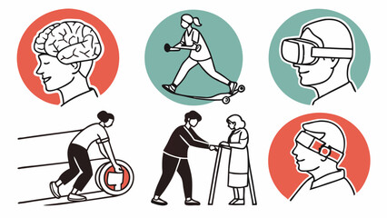 Robotics and Future Tech Icons Set Human Enhancement VR Wearable Devices Assisted Mobility and Elderly Care Innovation