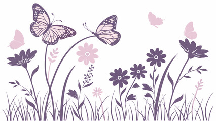 Fototapeta premium Purple Butterflies Flying Over Wildflowers Vector Illustration Spring Nature Decorative Border Element Floral Graphic Design
