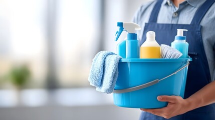 A uniformed service professional wearing a blue apron transports a bright blue bucket packed with various cleaning agents and tools ready for sanitation tasks