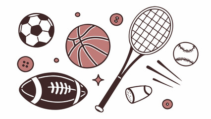 Minimalist Sports Equipment Doodle Soccer Basketball Tennis Football Illustration Set for Fitness and Athletic Promotion