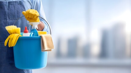 Equipped with yellow gloves a brush spray bottle sponge and cloth a person carries a blue bucket ready for effective cleaning tasks in any setting