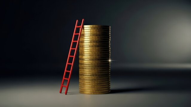 A red ladder leaning against a stack of gold coins