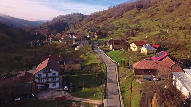Aerial View of Moeciu de Jos Village in the Carpathian Mountains, Romania