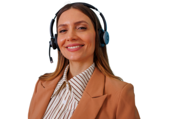 Call center agent wearing headset, smiling for customer support, telemarketing, online assistance, and remote service, transparent background
