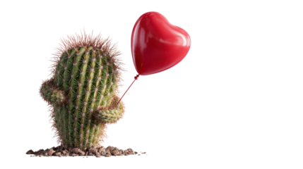 Cactus holding red heart balloon, symbolizing prickly love, surprising affection, and unique romance, transparent background