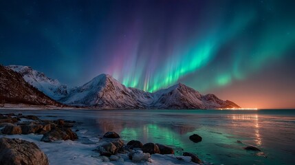 Naklejka premium The lake reflects the Aurora Borealis over the snow-covered mountains. The frozen sea, the snow-covered mountains, and the water's reflection on a winter's night. Norway's Lofoten. Snow-covered rocks 