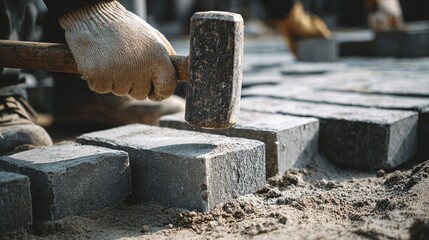 A worker lays paving stones, meticulously hammering each one into place. The repetitive motion creates a rhythmic pattern, showcasing the skill and precision of the craft.