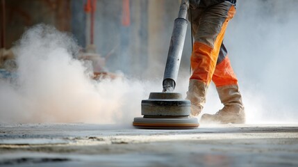 Worker grinds concrete floor in dusty environment, wearing protective clothing. A concrete grinder is a heavy-duty tool with a rotating abrasive disc for smoothing surfaces.