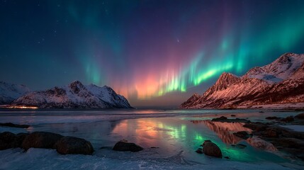 The lake reflects the Aurora Borealis over the snow-covered mountains. The frozen sea, the snow-covered mountains, and the water's reflection on a winter's night. Norway's Lofoten. Snow-covered rocks 