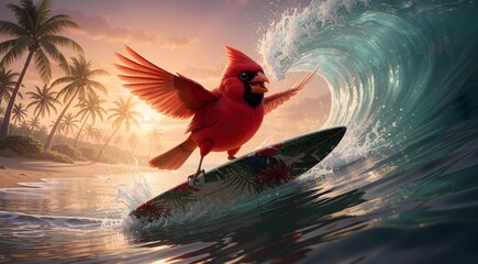Fototapeta premium Epic Surfing Cardinal Riding Waves at Sunset