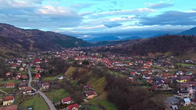 Aerial View of Moeciu de Jos Village in the Carpathian Mountains, Romania