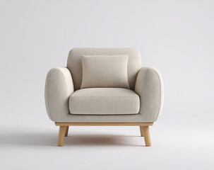 Fototapeta premium A professional studio shot of a contemporary beige fabric armchair with wooden legs and two patterned pillows, set against a clean, minimalist white background.