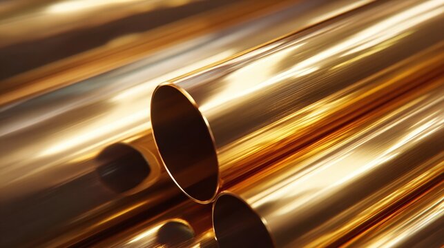 Golden Reflections: A close-up of metallic tubes showcases the interplay of light and shadow, highlighting the sleek, cylindrical forms in a mesmerizing display. #MetalArt