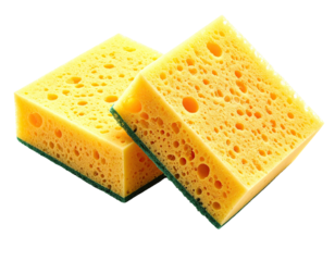 Two yellow, porous sponges with green scouring pads