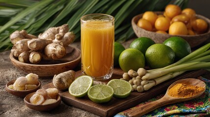 Capture the essence of vitality with this vibrant turmeric and ginger elixir. Fresh lime, lemongrass, and sun-kissed oranges complement earthy spices in this healthful tonic.