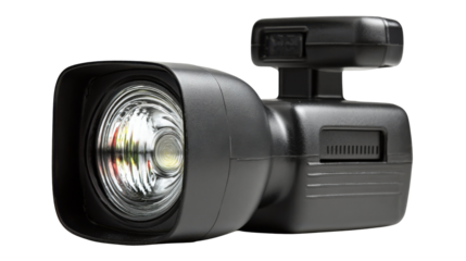 Black portable led flashlight, a battery-powered device for generating light, on a transparent background