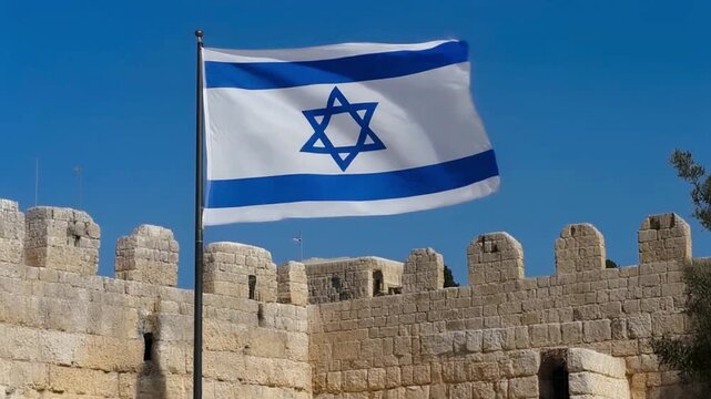 Jerusalem ancient walls with the Israeli Flag flying proudly at midday, cinematic sunlit 4K render.