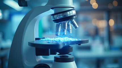 Microscope Examining Glowing Sample – Scientific Investigation of DNA or Cellular Material