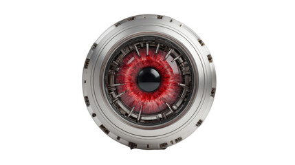 Cyborg red eye with iris and pupil, mechanical device, artificial intelligence, futuristic vision concept on transparent background