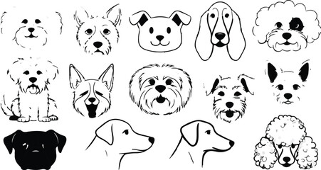 Collection of Hand Drawn Dog Heads Vector Illustrations Isolated on White