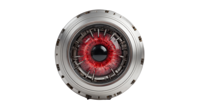 Cyborg red eye with iris and pupil, mechanical device, artificial intelligence, futuristic vision concept on transparent background - Powered by Adobe