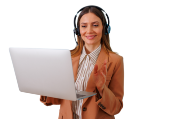 Professional woman talking on a video call, wearing headset and looking at laptop, offering online assistance and consultancy