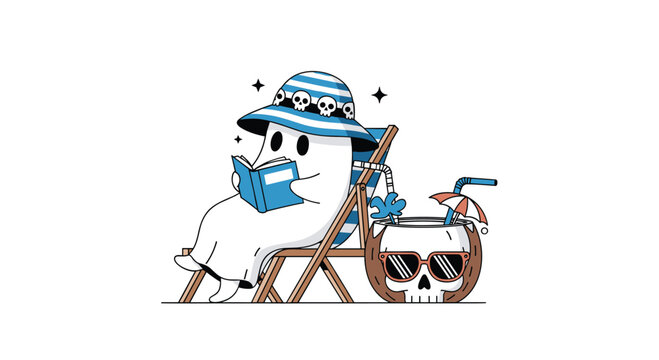 Funny ghost character wearing a skull-patterned sun hat and reading a book while relaxing in a beach chair with a skull coconut drink.