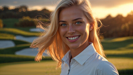 Female Golf Player Golf Course Sunset Green Grass Rolling Hills Trees White Shirt Black Pants Blonde Hair Blue Eyes Smile Golden Skin Golf Club Wind Portrait Outdoor Sport Generative AI