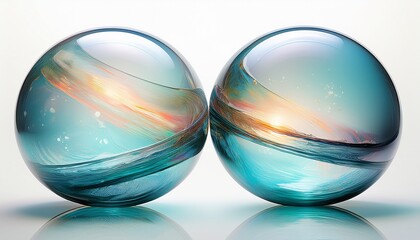 two translucent spheres with a gap in the middle isolated on white background