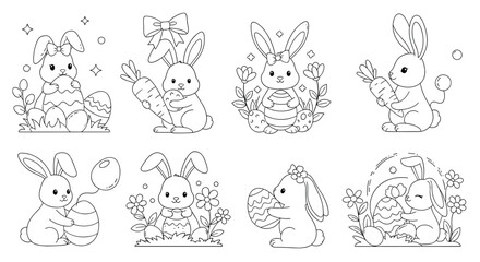 Obraz premium Assorted line art illustrations of cute Easter bunnies with carrots and decorated eggs for kids to color and enjoy.