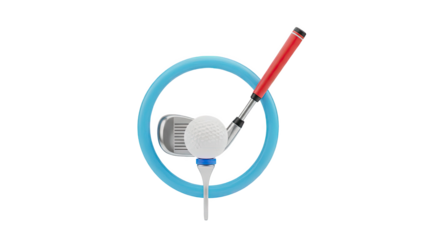 Golf club, ball and tee with blue ring on transparent background