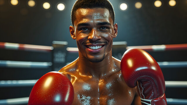 Male Boxer Red Gloves White Mouthguard Charismatic Smile Sweat Bruises Boxing Ring Ropes Poles Face Upper Body Generative AI - Powered by Adobe