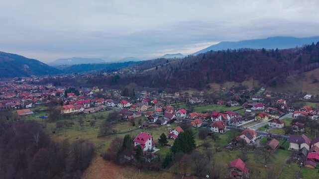 Aerial View of Moeciu de Jos Village in the Carpathian Mountains, Romania