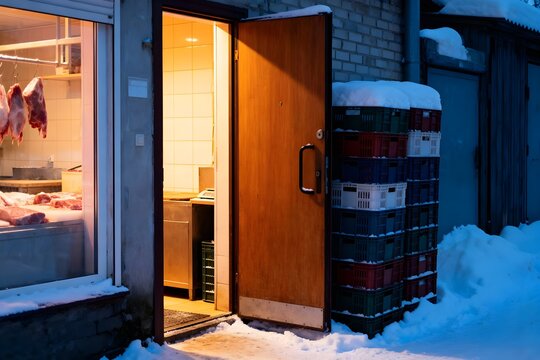 Hintereingang Metzgerei &ndash; Kisten, Schnee, Licht aus T&uuml;rspalt