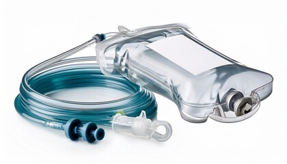 medical iv fluid bag connector and tubing isolated on white background