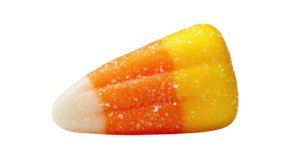 Candy corn displaying traditional white, orange, and yellow segments for a festive halloween treat, transparent background