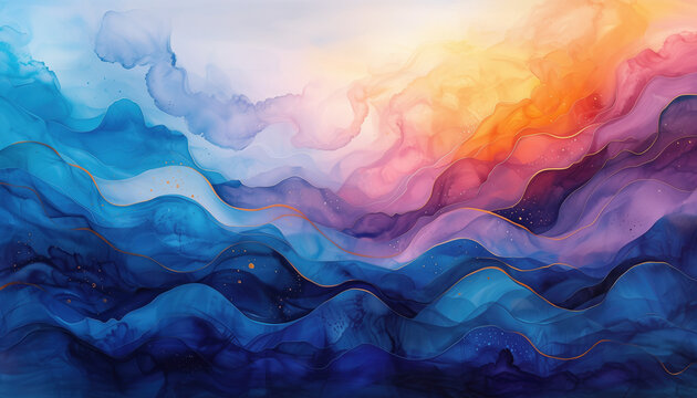 fond abstrait fluide aux ondes bleues, violettes et dor&eacute;es