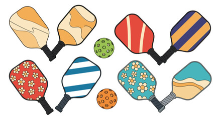 Vibrant collection of pickleball paddles featuring various artistic patterns like flowers and stripes along with two colored balls.