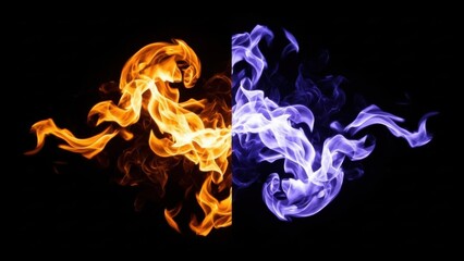 Fototapeta premium Vibrant orange and purple flames contrasting on black background