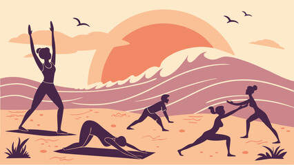 Group Beach Yoga Class at Sunrise Vector Illustration People Exercising Outdoors Wellness Fitness and Peaceful Mindful Movement