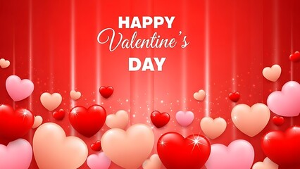 Happy Valentine's Day with floating red and pink hearts on red background