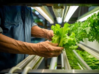 Farmer Harvesting Lettuce in Hydroponic Indoor Farm